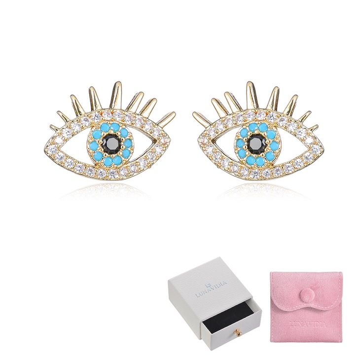 Cercei dama LUNAVIDIA, forma ochi, Zirconiu grad 3A, placare aur, argint 925