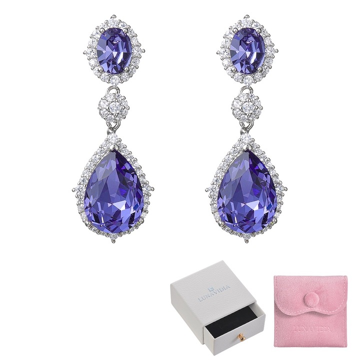 Cercei LUNAVIDIA forma de lacrima, argint 925, zirconiu grad 3A, placare cu aur, violet/argint