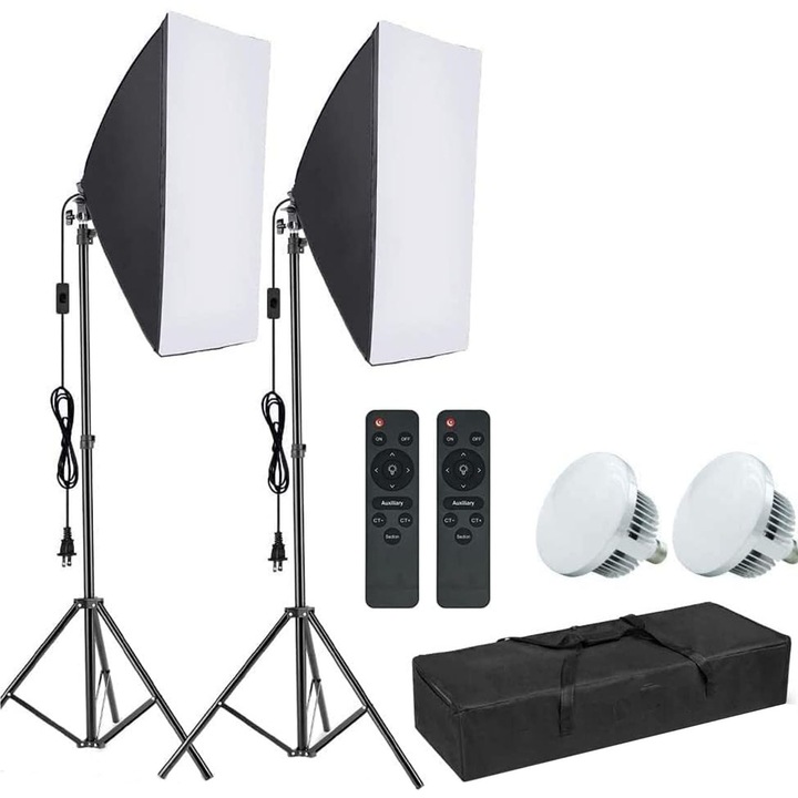 Комплект от 2 софтбокс фотолампи, Zggzerg, 380W, 50x70 см, 2700-6500K, с две LED лампи, регулируема стойка за статив 210 см, дистанционно управление, чанта за транспорт, три цвята, за студийно видеозаписване, филмиране, подкаст, черно/бяло