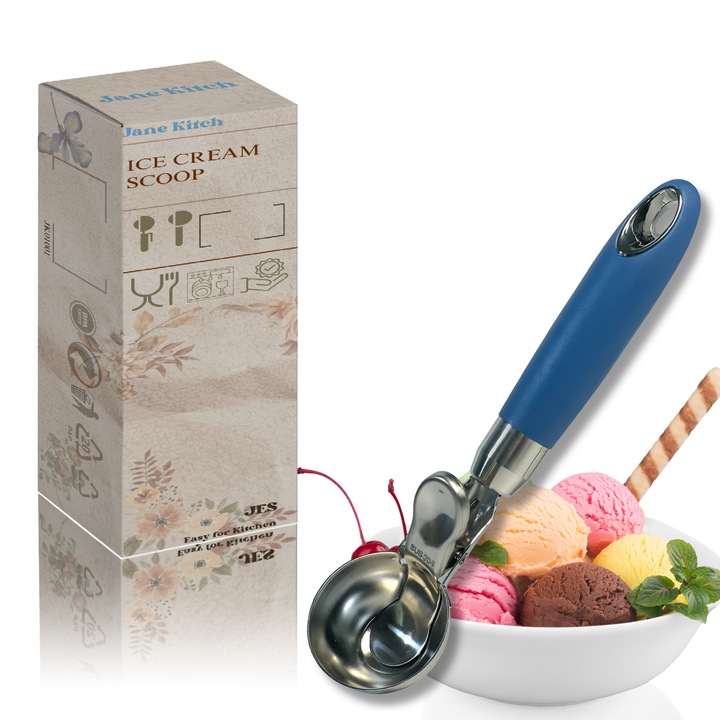 Lingata de inghetata, din ott de otel alimentar, 20 cm, manera ingrasata ergonomica, curatat usor, decolabila, potrivita pentru inghetata, fructe, carne si legume, Albastru