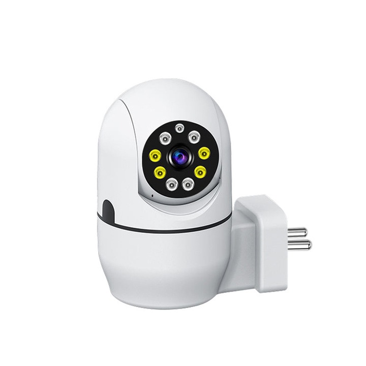Ambrasmart HD 360° Felbontású Biztonsági Kamera, Vezeték nélküli WiFi, Éjszakai látás, Hanginterkom és Mozgásérzékelés, Csatlakozás dugaljhoz, Beltéri és kültéri használatra, Kétirányú teljes színes világítás