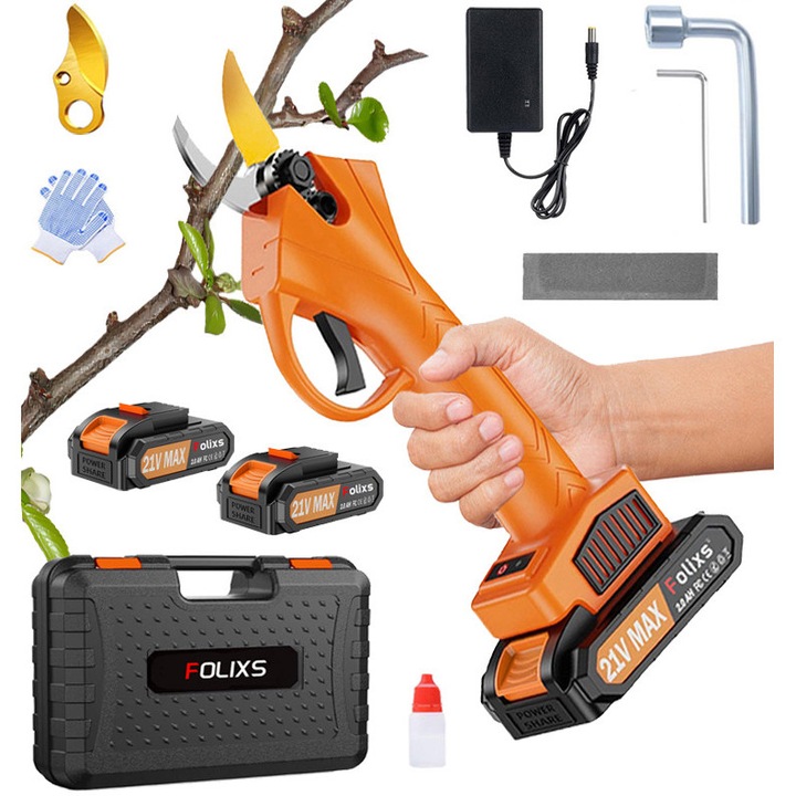 Foarfeca Electrica pentru Gradinarit, Folixs®, motor fara perii, 21V, 800W, 2 baterii, 2 cu Lama din Otel Carbon, latime taiere 0-30mm, Portocaliu