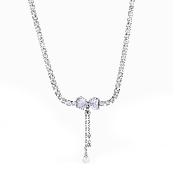 Колие с панделка и камъни, YISYNIM, титаниева стомана, регулируема дължина 40-45 см, сребрист