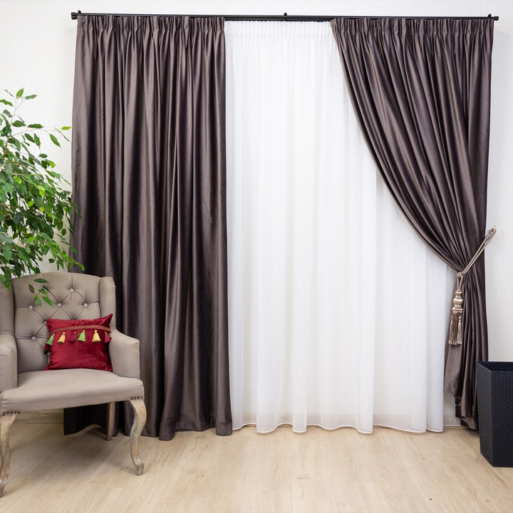 Set 2 draperii Hiko Comfy, catifea Deep Taupe 100Lx245H cm, Blackout 80%, elegante pentru living, dormitor, hotel, izolare termica si fonica, decor modern, montaj usor, design si rejansa premium creion de 6.5cm