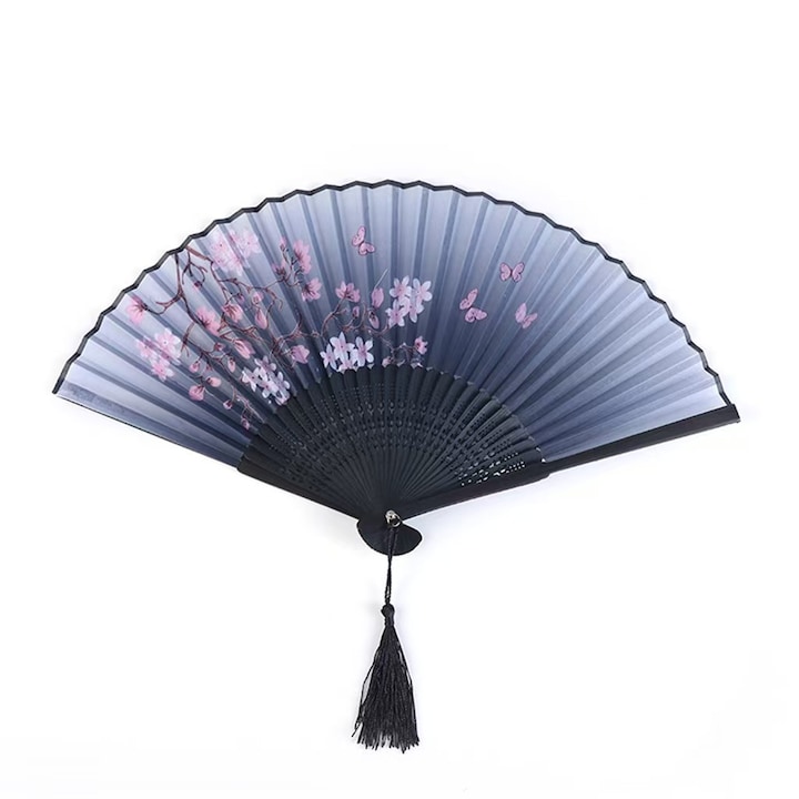 Összecsukható bambusz legyező selyemmel, készlet tokkal, Sakura Grey, dekorációnak és ajándéknak