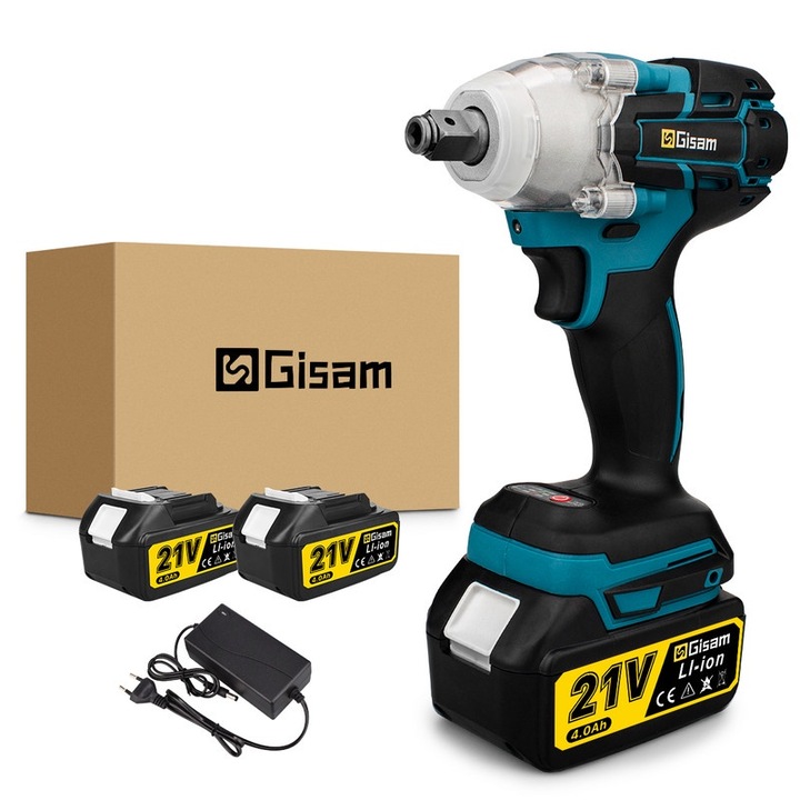 Електрически ударен гайковерт Gisam, 350N.M, Безчетков, 0-4000rpm, черен+син, 21V