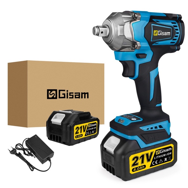 Електрически ударен гайковерт Gisam, 1000N.M, Безчетков, 0-7200rpm, син, 21V, 4.0Ah