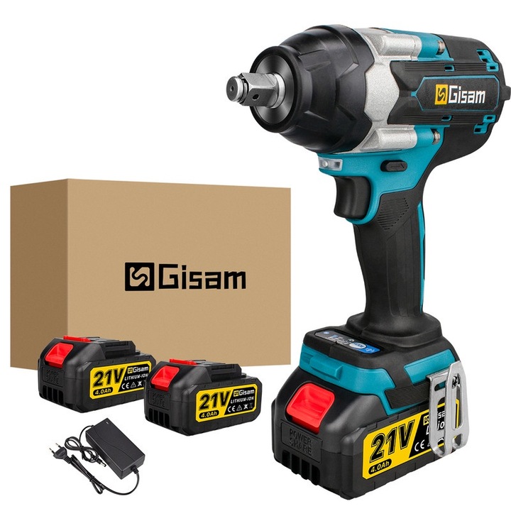 Безчетков електрически ударен гайковерт Gisam, 1500N.M, 7200rpm, син, съвместим с батерия Makita 18V, батерия 2*4,0Ah