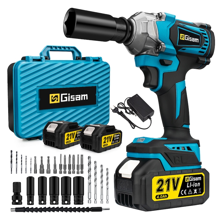Masina de insurubat cu impact Gisam,1000N.M Cheie de impact electrica fara perii 21V, Contine 2*4.0 Ah acumulatori,33 de accesorii si o cutie portabila din plastic