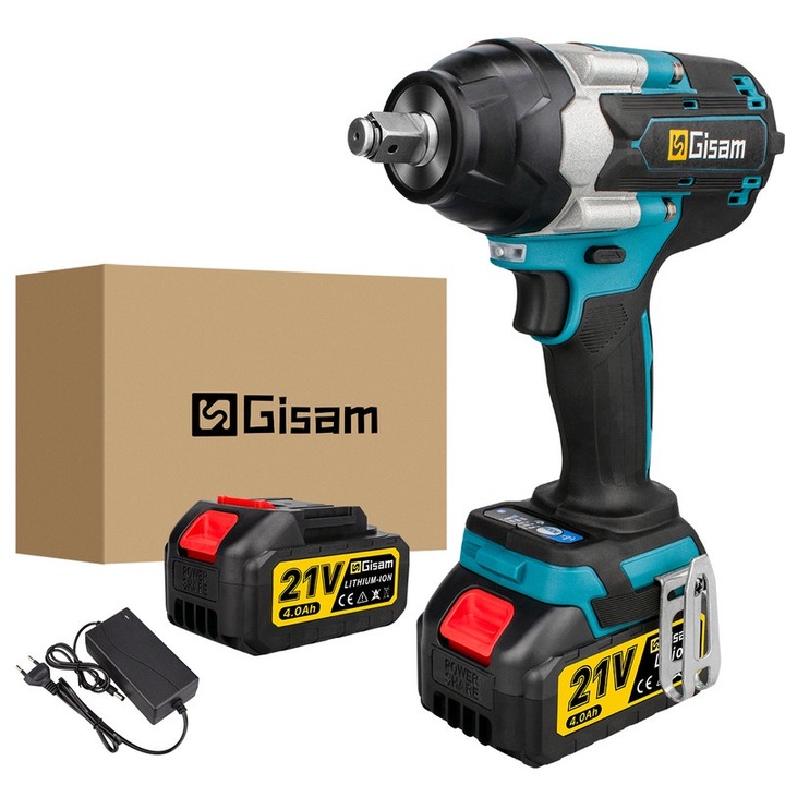 Електрически ударен гайковерт Gisam, 1000N.M, 7200rpm, Безчетков, син, съвместим с батерия Makita 18V