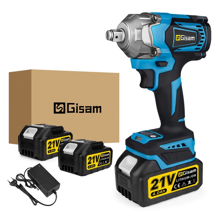 Електрическа отвертка Gisam, 1000N.M, 0-7200rpm, безчеткова, син, 21V, комплект 2 батерии 4Ah