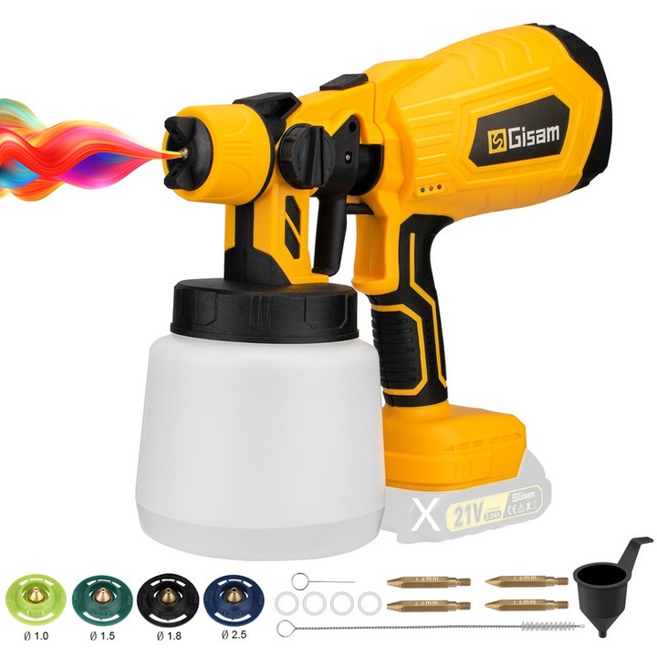 Pistol de vopsit electric Gisam, duza rotativa 360°, 1000ml, galben, 21V, set fara baterie/incarcator