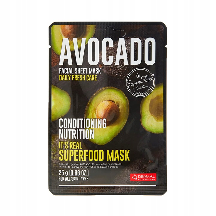 Masca faciala, Dermal, It's Real Superfood, extract de avocado, acid hialuronic, 25 ml