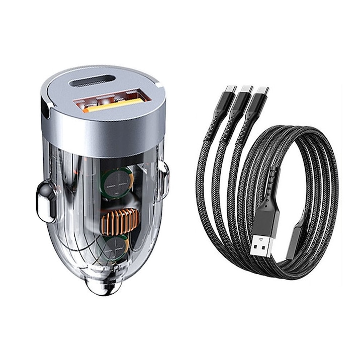 SuperFastCharge 120W компактно зарядно за кола за запалка, с включени кабели за зареждане, Type-C 3.1A и USB-A 5A, бързо зареждане, прозрачен дизайн, с пръстен