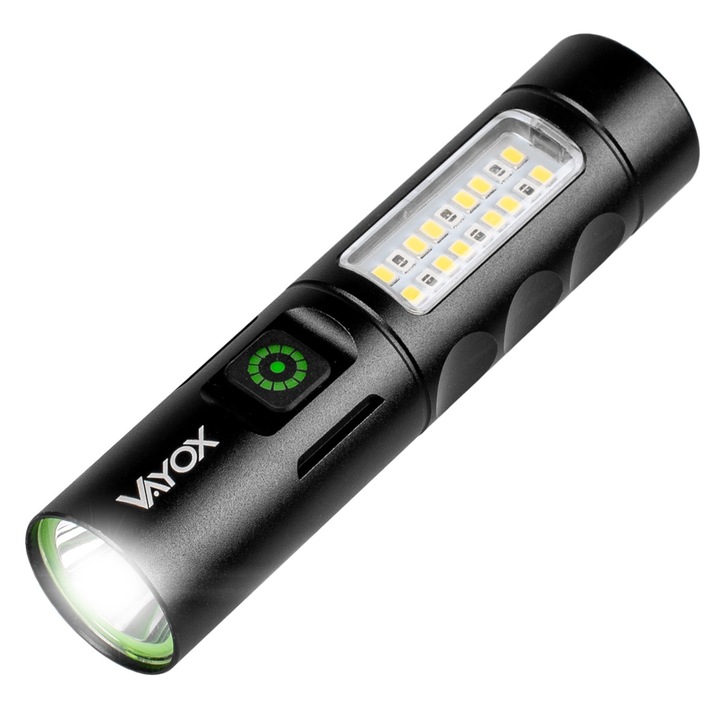 Тактически фенер 2xLED SMD Vayox VA0184, 2 цвята, алуминий, 10W 250lm, USB-C, 6 режима, Черен