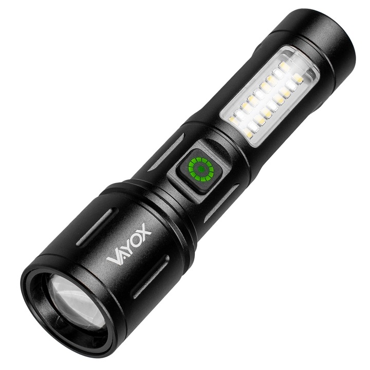 Тактически фенер 2xLED SMD Vayox VA0181, 2 цвята, алуминий, 10W 260lm, Zoom, USB-C, 6 режима, Черен
