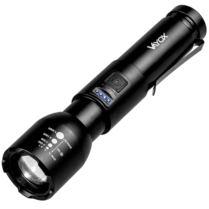 Vayox VA0180 LED тактически фенер, алуминий, 20W 800lm, Zoom, индикатор за заряд на батерията, USB-C, 5 режима, черен