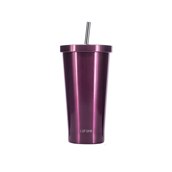 Rozsdamentes acél csésze, LoFone, szívószállal és fedéllel, hőszigetelt hideg vagy meleg italok hőmérsékletének megőrzéséhez, 500 ml, Lila
