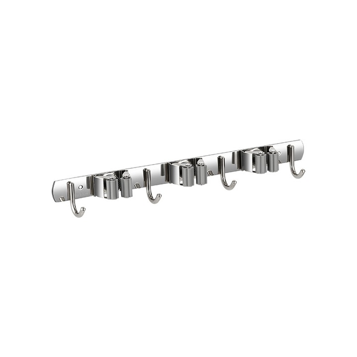 Стенен държач за моп / метла / почистващи средства, самозалепващ се или завинтващ се, 38 x 4,8 см, 4 куки, 3 щипки, неръждаема стомана, сребрист