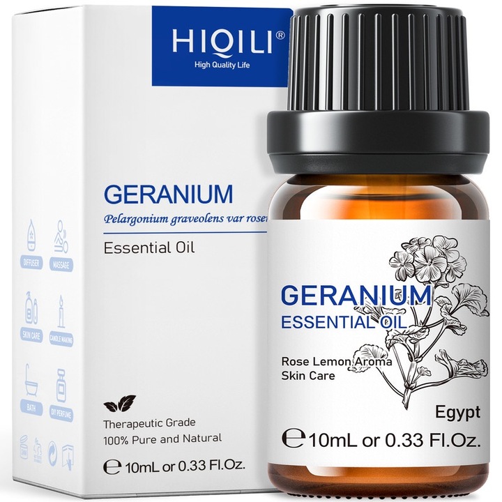Ulei Esential de Geraniu HIQILI, 100% Pur, Aromaterapie, 10ml