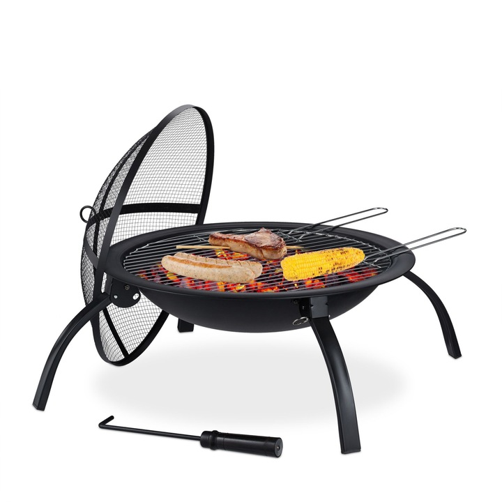 Vatra de foc cu vatrai, gratar si capac de protectie, pentru gradina si terasa, din otel, negru, 42 x 60 x 60 cm