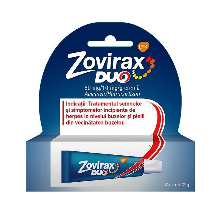 Crema Zovirax Duo pentru Herpes, 50 mg/10mg/g, 2 g, Gsk