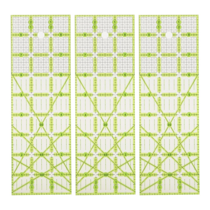 Set 3 rigle pentru quiltat, acrilice, transparente, linii ghidaj verzi, 9 inch