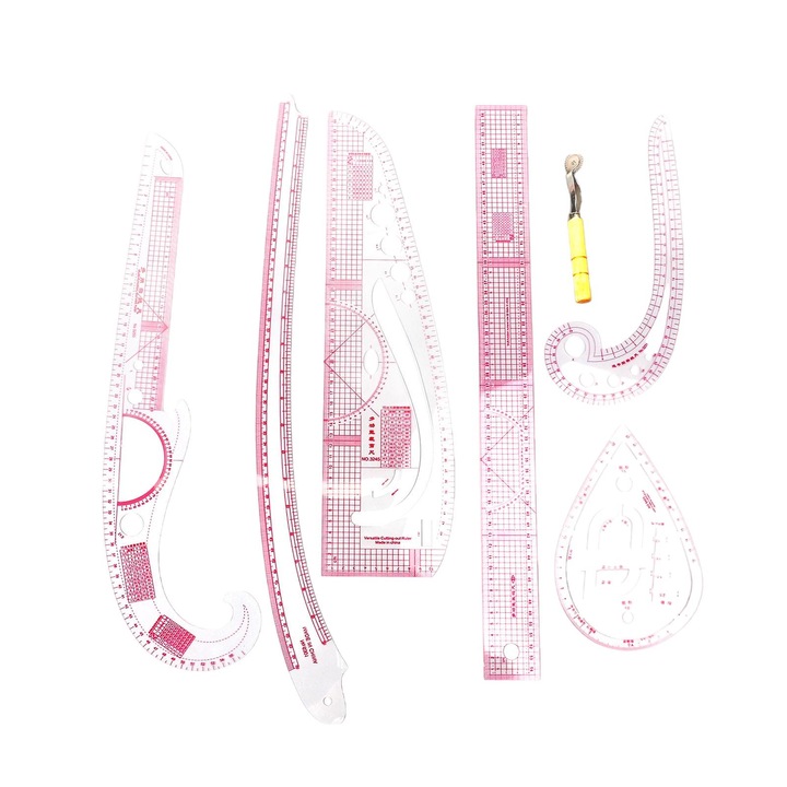 Комплект от 7 извити линийки за шиене, QttvbTna, пластмаса, с резец, прозрачен/розов