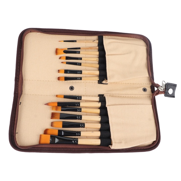 Set 14 pensule pentru pictura acrilica, lemn/panza, cu husa de depozitare, maro