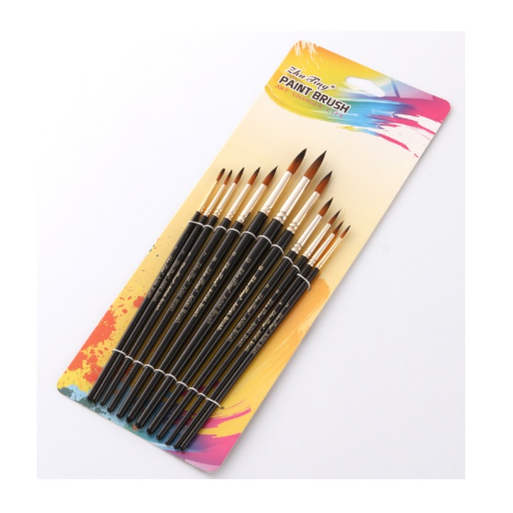 Set 9 Pensule Rotunde Profesionale QttvbTna, Acuarela/Acrilic/Ulei, Maner Ergonomic, Multicolor