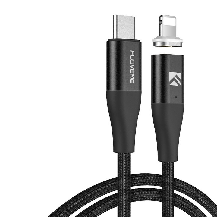 Cablu de date magnetic pentru iPhone, Incarcare rapida, 18W, 1m, Floveme, Negru