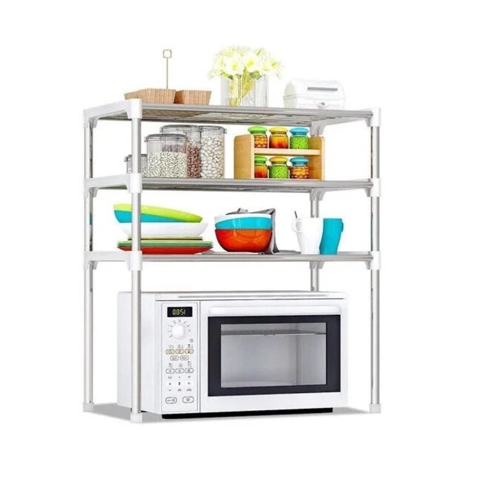 Multifunkcionális tároló polc konyhába, 3 pólussal, ezüst színben