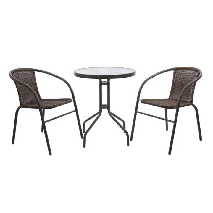 DacEnergy kerti bútorkészlet fémből és szintetikus rattanból, kerek asztal és két szék, 60 x 60 x 70 cm, barna színű