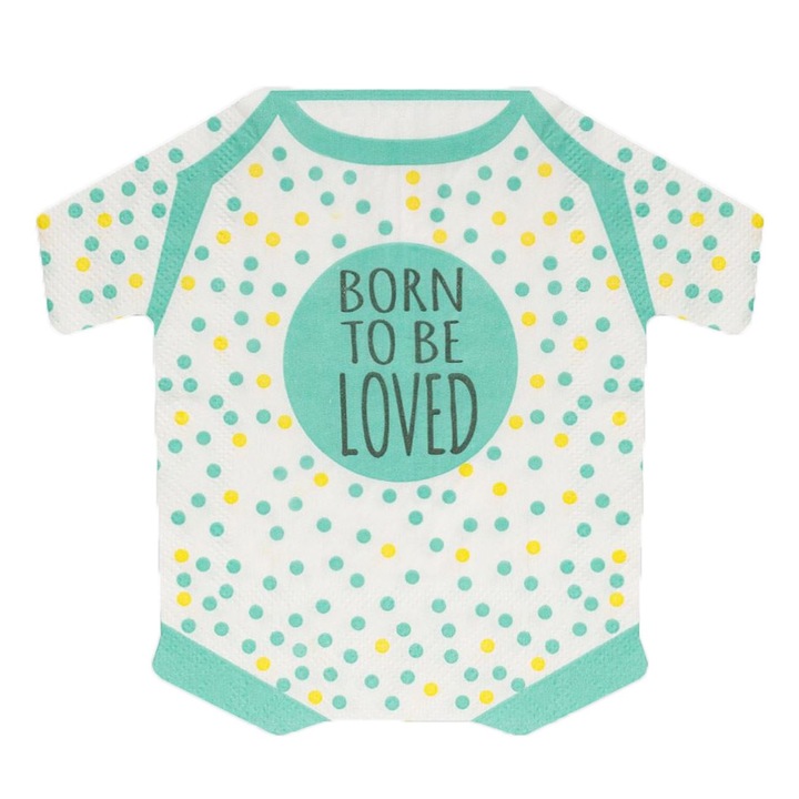 12 db-os Baby Shower Shopiens babaruha, 2 réteg, zöld és sárga pöttyökkel Born to be Loved, 33 x 33 cm