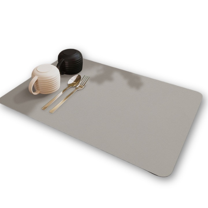 Suport Pentru Uscarea Vaselor Modern, Jaskus®, Piele Vegana si Diatom, Ultra Absorbant 0.4cm, Antiderapant, Gri Mat, 50x30cm