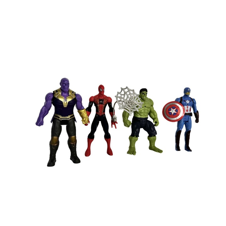 Set 4 Figurine Super Eroi Avengers, Hulk, Thanos, SpiderMan, Captain America, 19 cm, HAPPY JOKER®