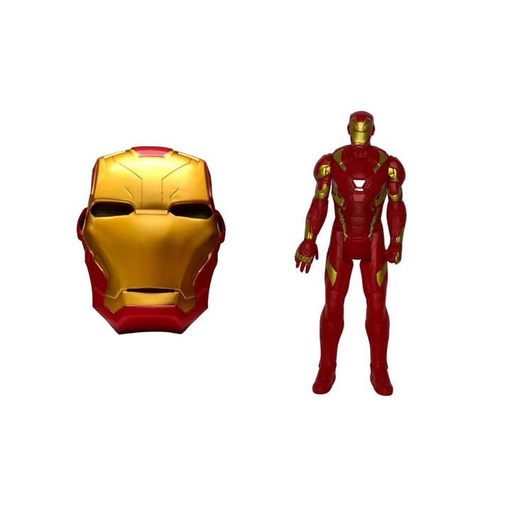 Figurina articulata IRON MAN Avengers 30 cm si Masca cu lumina plastic 21 cm rosu si auriu, HAPPY JOKER®