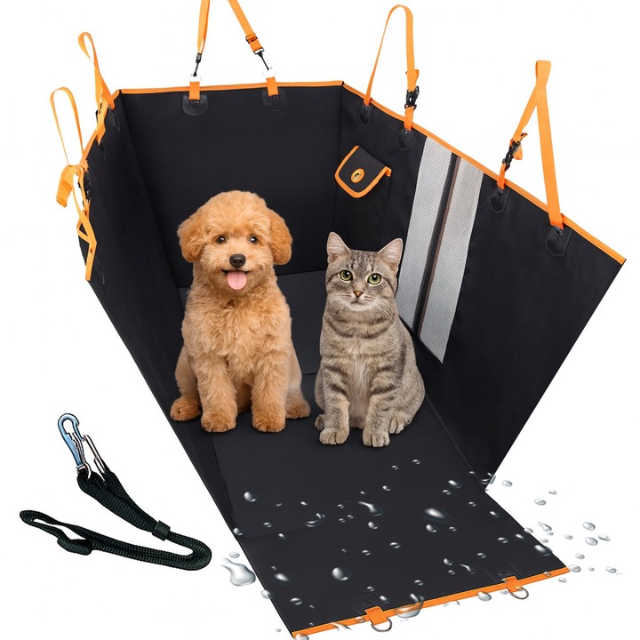 Husa auto de protectie bancheta pentru transport animale, Linomag®, pentru caini si pisici, Impermeabila, Antialunecare, Negru intens, 145 x 130 cm