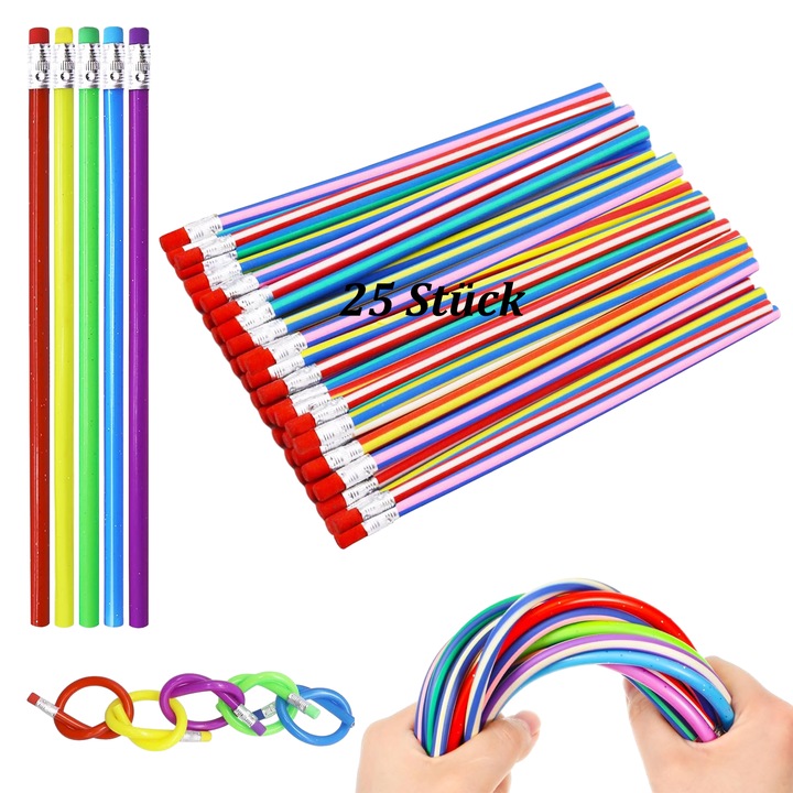 Set 25 creioane flexibile cu radiera, BGHYHYHI, multicolor, 20 linii drepte si 5 stiluri cu pulbere aurie transparenta