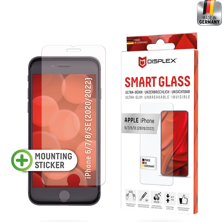 Стъклен Протектор за iPhone 6 / 6S / 7 / 8 / SE 2, SE 2020 / SE 3, SE 2022 - Displex Premium Smart Glass - Прозрачен