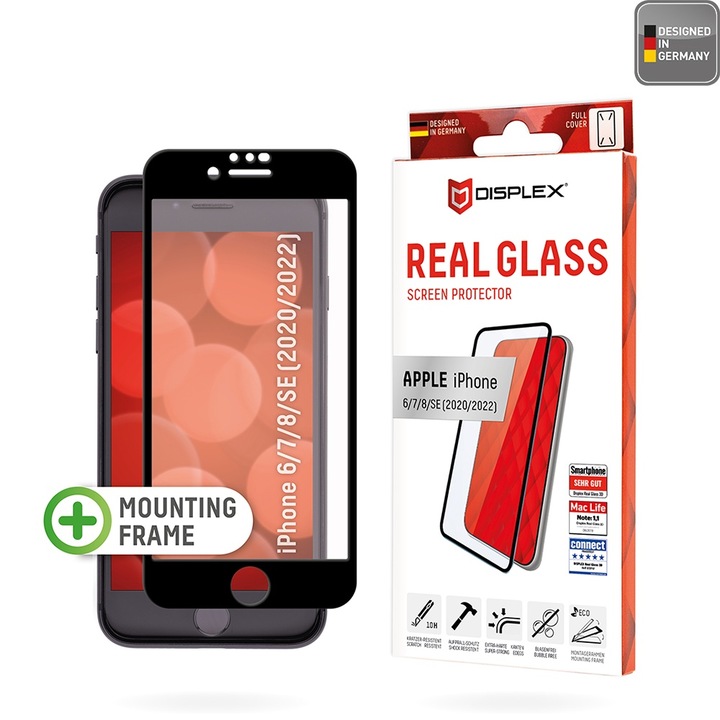 Üvegvédő iPhone 6 / 6S / 7 / 8 / SE 2, SE 2020 / SE 3, SE 2022 készülékekhez - Displex Premium Real Glass - Fekete