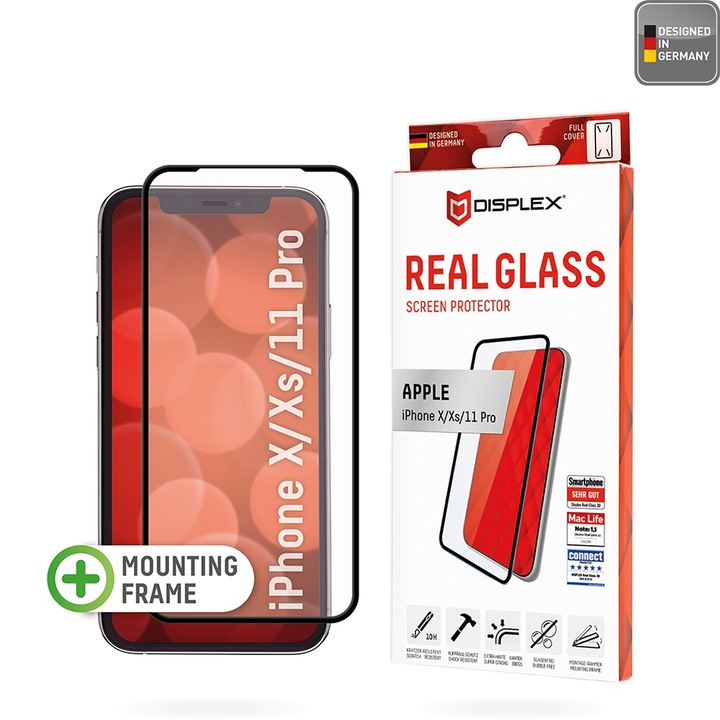 Стъклен Протектор за iPhone X / XS / 11 Pro - Displex Premium Real Glass - Черен