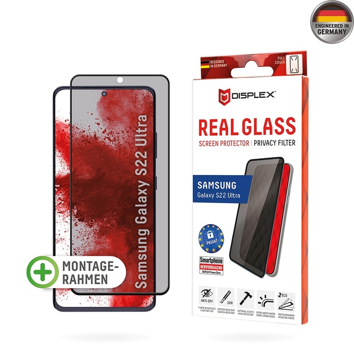 Стъклен Протектор за Samsung Galaxy S22 Ultra 5G - Displex Premium Real Glass Privacy - Черен