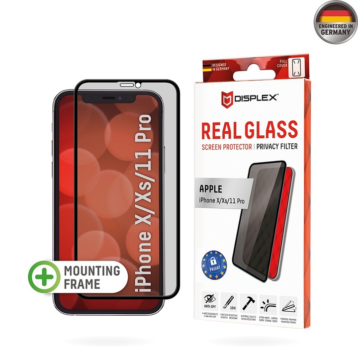 Стъклен Протектор за iPhone X / XS / 11 Pro - Displex Premium Real Glass Privacy - Черен