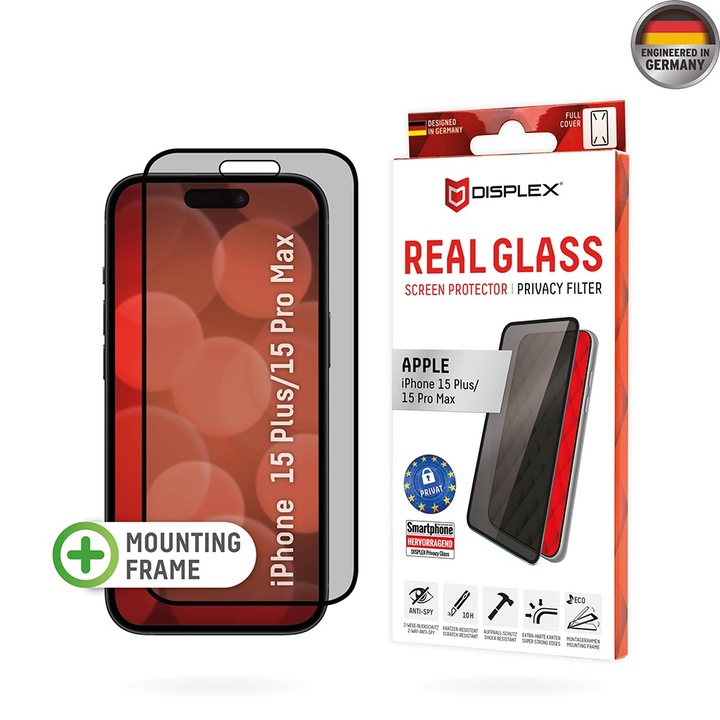 Стъклен Протектор за iPhone 15 Plus / 15 Pro Max - Displex Premium Real Glass Privacy - Черен