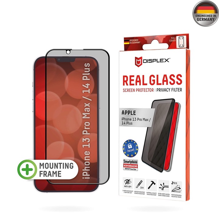 Стъклен Протектор за iPhone 13 Pro Max / 14 Plus - Displex Premium Real Glass Privacy - Черен