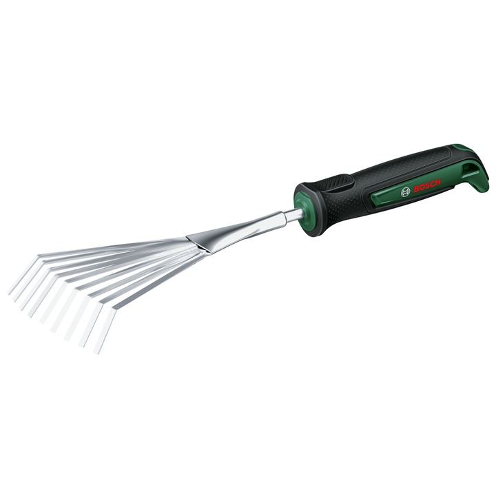 Grebla de mana pentru gradinarit BOSCH Garden Hand Rake S, 380 x 135 x 44 mm, din otel inoxidabil, maner TPR aderent