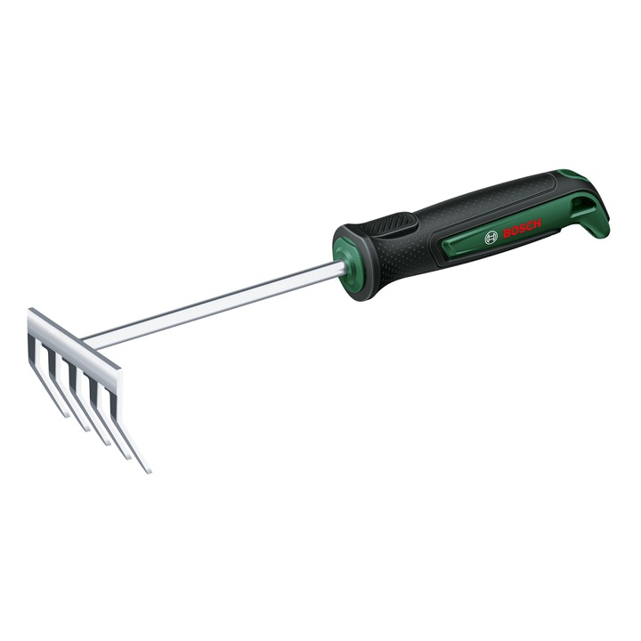 Grebla de mana pentru gradinarit BOSCH Garden Hand Rake L, 320 x 87 x 79 mm, din otel inoxidabil, maner TPR aderent