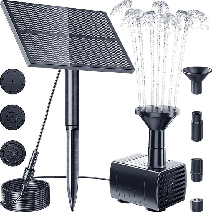 Соларна помпа за фонтан, регулируем ъгъл, 5V, 1.5W, 160L/h, 4 дюзи, черна, 145x90x50mm, за градина и езерце