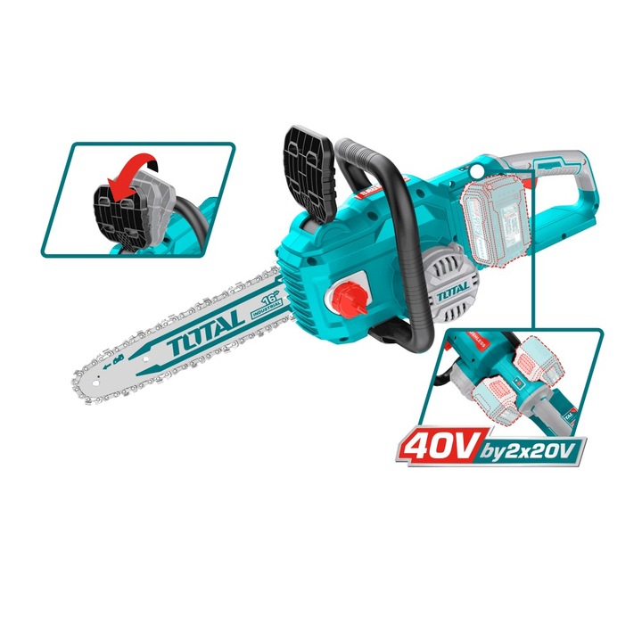 Total Ipari akkumulátoros kefe nélküli láncfűrész, 16", 40 V, akkumulátor nélkül